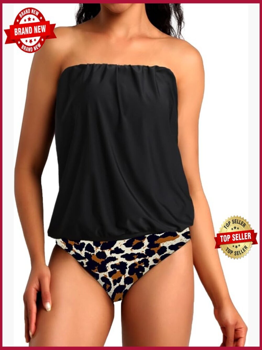 Two Piece Bandeau Tankini Swimsuit Set Blouson Top Tummy Control Bathing Suit